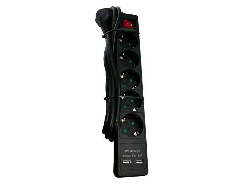 Naponski produžni Kabl E-Green 5 x šuko + 2xUSB sa prekidacem i zaštitom, 2m, crni