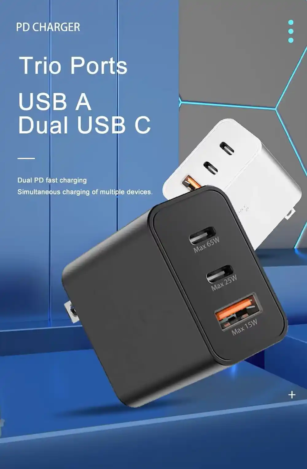 Kućni punjač Eima EM01 65W 2xPD 25W/65W 1xUSB+Type C na Type C crni