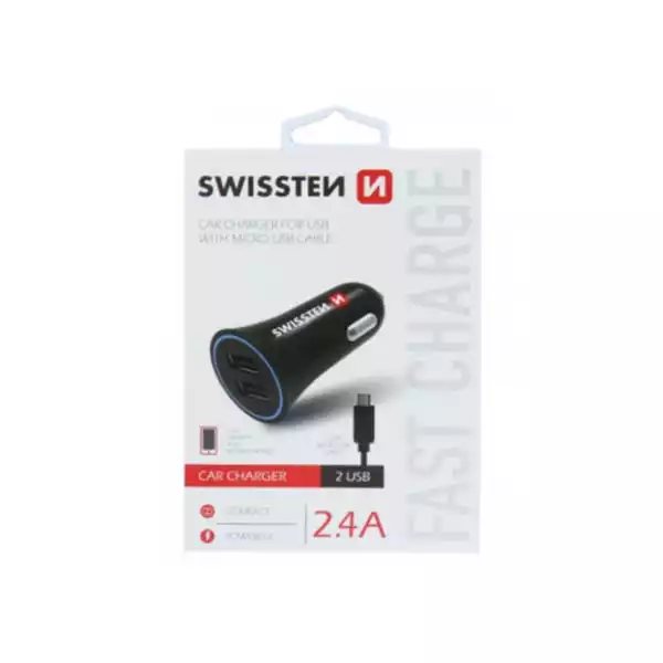 Auto punjač Swissten 2.4A 2xUSB+ kabl type C