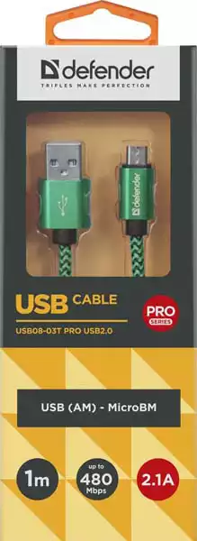 USB micro kalb Defender USB08-03T USB 20.0 Green 1m 2.1A