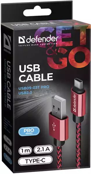 USB type-c kabl Defender USB08-03T USB 20.0 Red 1m 2.1A