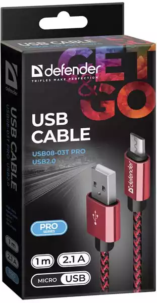 USB micro kabl Defender USB08-03T USB 20.0 Red 1m 2.1A