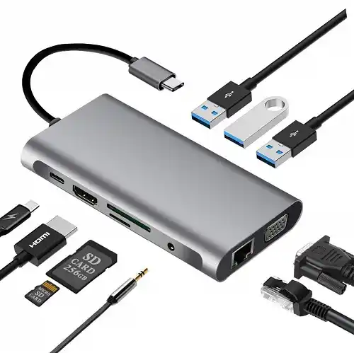 Adapter konverter USB TIP C 10in1 HDMI/Tip C 55W/VGA/SD/TF/Aux/3xUSB 3.0 KT-HUC-10